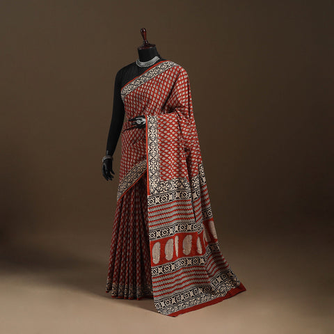 Red - mul cotton hand bagru saree 09 - handcrafted