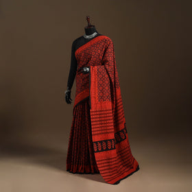 Red - mul cotton hand bagru saree 15 - handcrafted