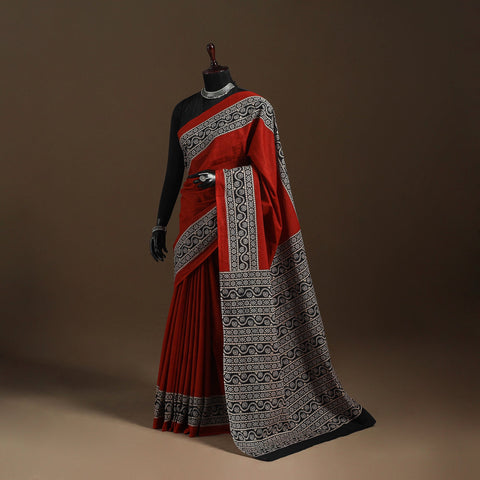 Red - mul cotton hand bagru saree 26 - handcrafted