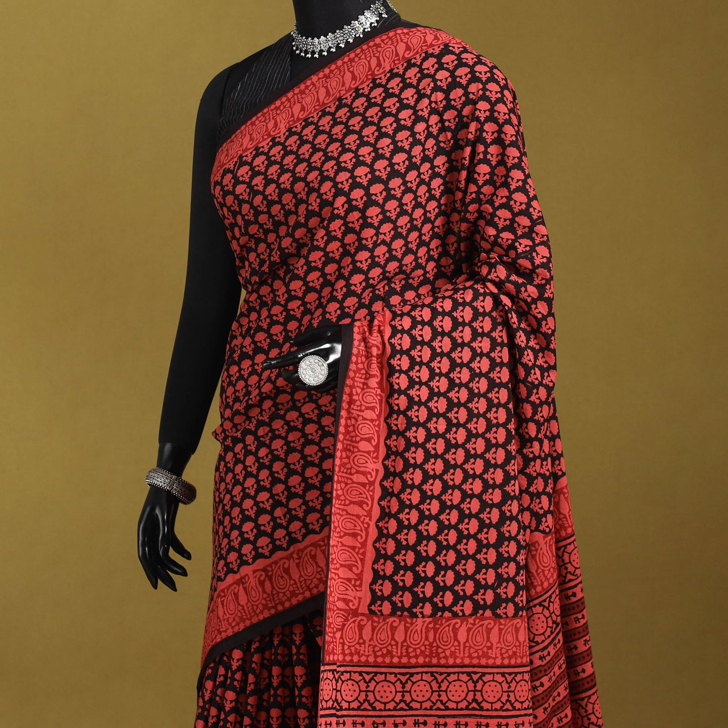 Red - mul cotton hand bagru saree 27 - handcrafted