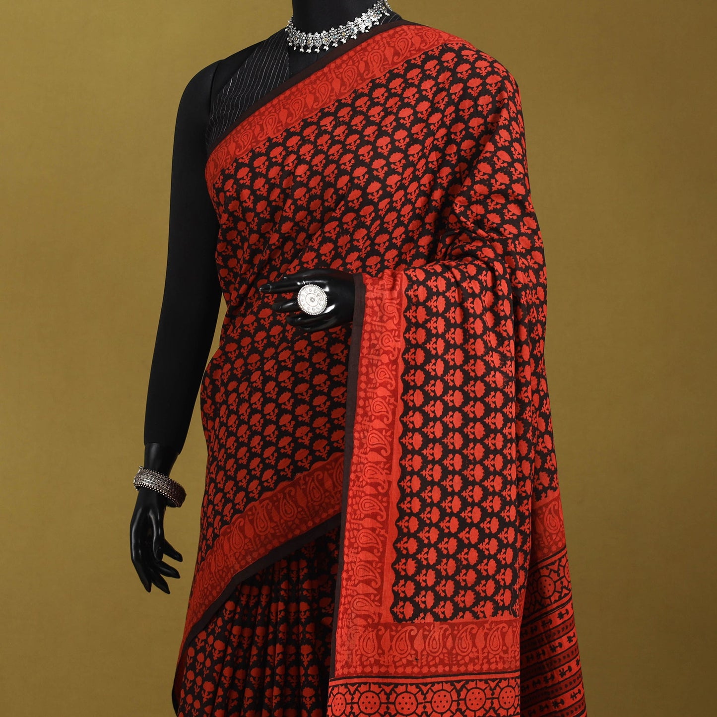 Red - mul cotton hand bagru saree 28 - handcrafted