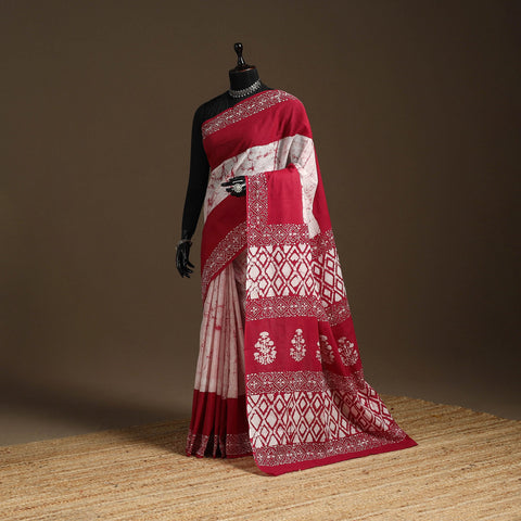 Red - mul cotton hand batik saree 02 - handcrafted