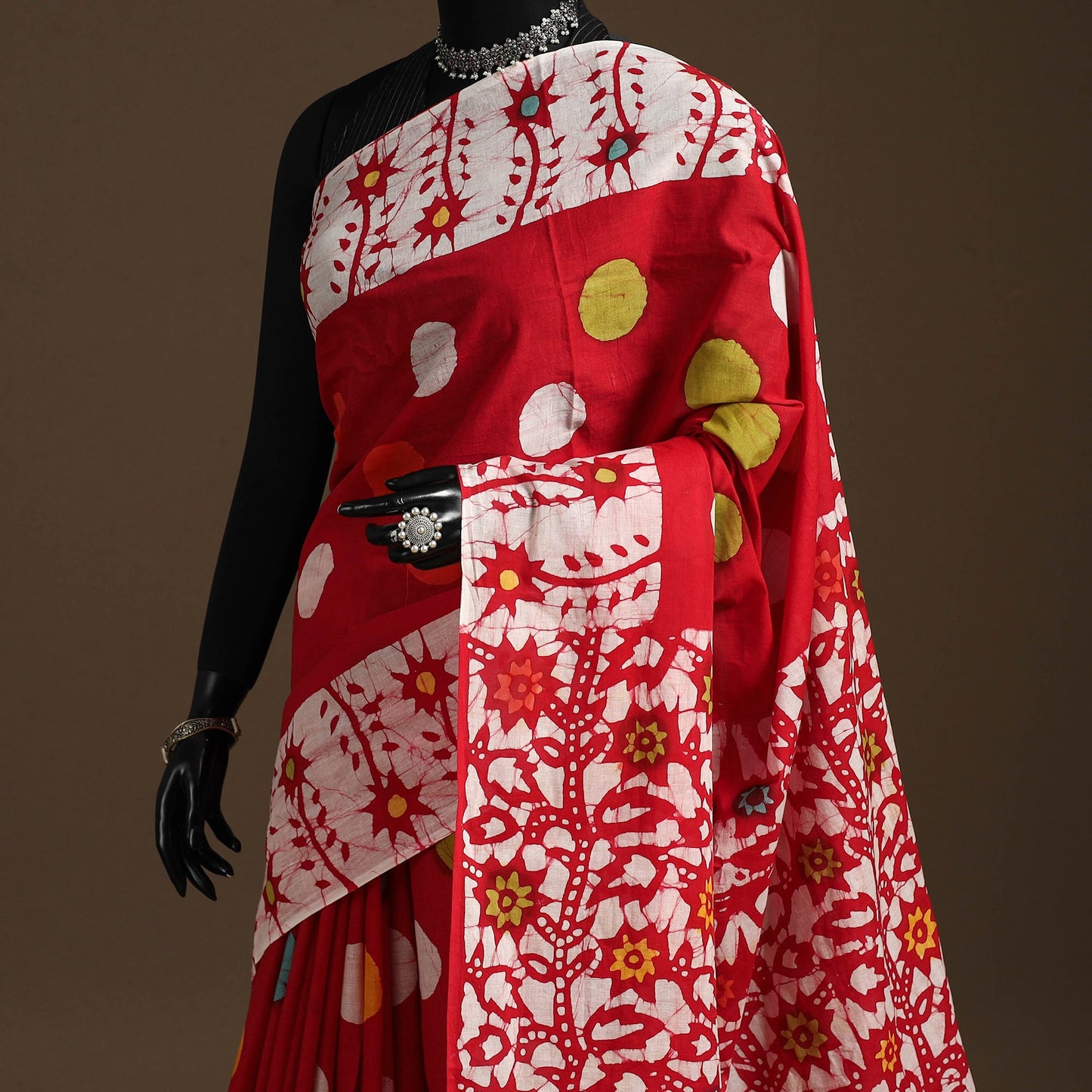 Red - mul cotton hand batik saree 03 - handcrafted