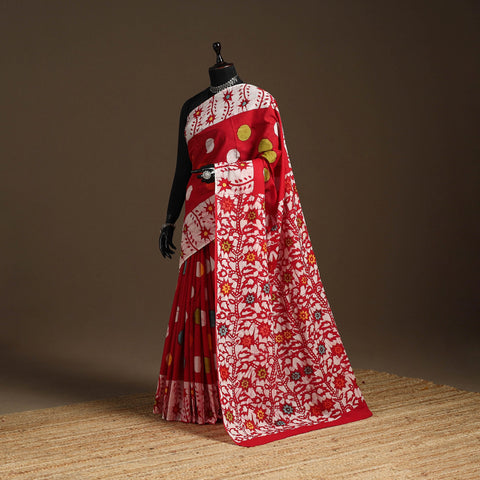 Red - mul cotton hand batik saree 03 - handcrafted