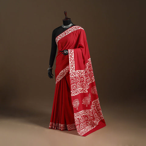 Red - mul cotton hand batik saree 17 - handcrafted