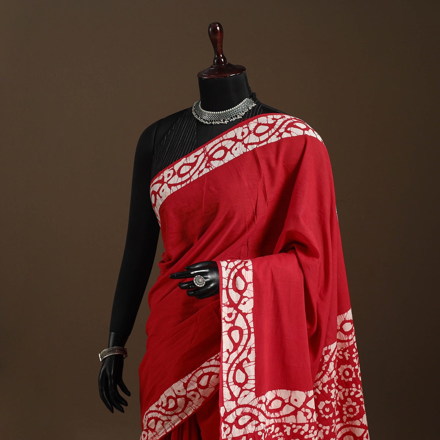 Red - mul cotton hand batik saree 17 - handcrafted