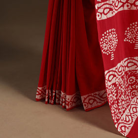 Red - mul cotton hand batik saree 17 - handcrafted