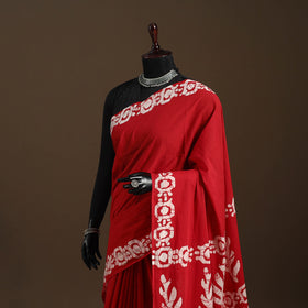 Red - mul cotton hand batik saree 22 - handcrafted
