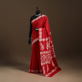 Red - mul cotton hand batik saree 22 - handcrafted
