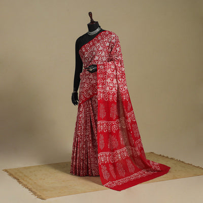 Red - mul cotton hand batik saree 37 - handcrafted