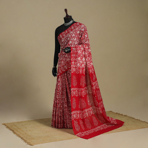Red - mul cotton hand batik saree 37 - handcrafted