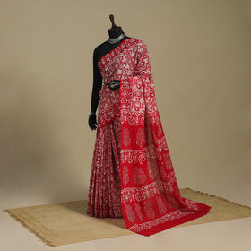 Red - mul cotton hand batik saree 37 - handcrafted