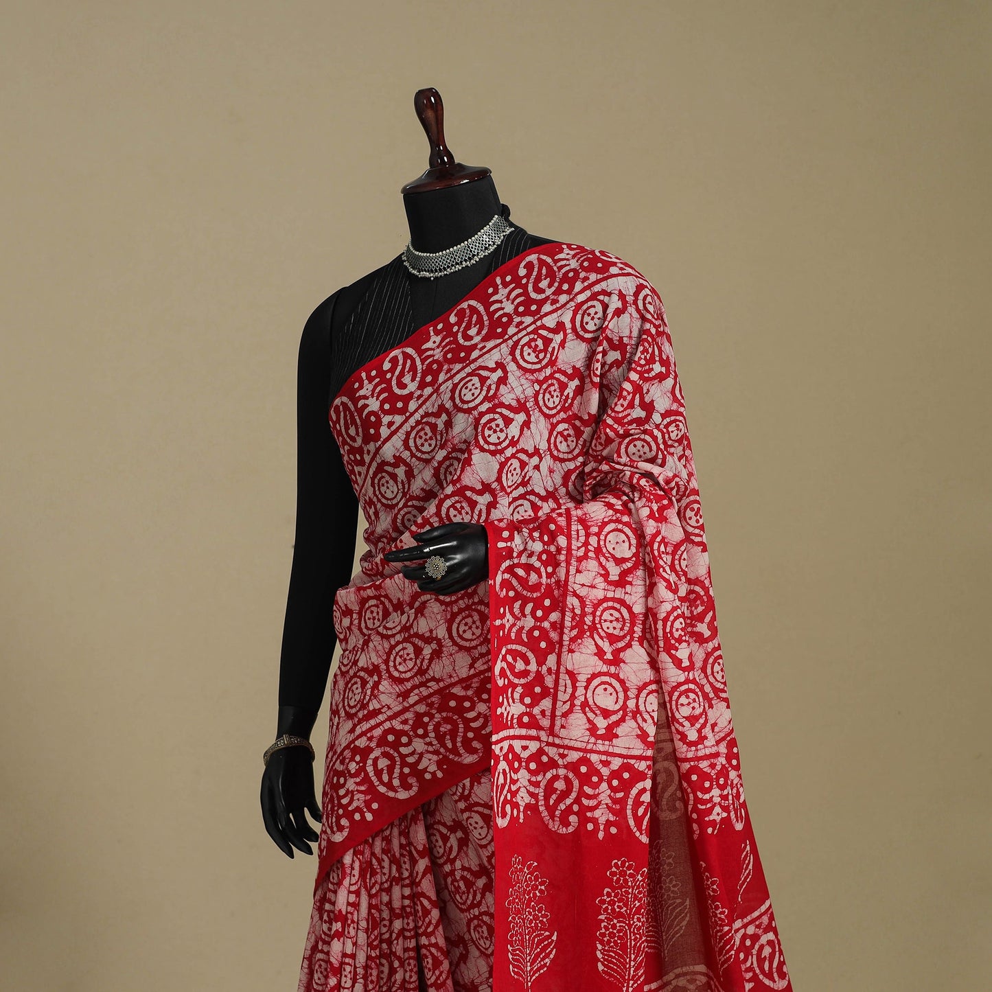 Red - mul cotton hand batik saree 37 - handcrafted