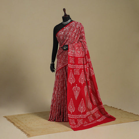 Red - mul cotton hand batik saree 38 - handcrafted
