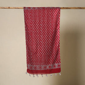  Red Mul Cotton Hand Batik Print Stole with Tassels