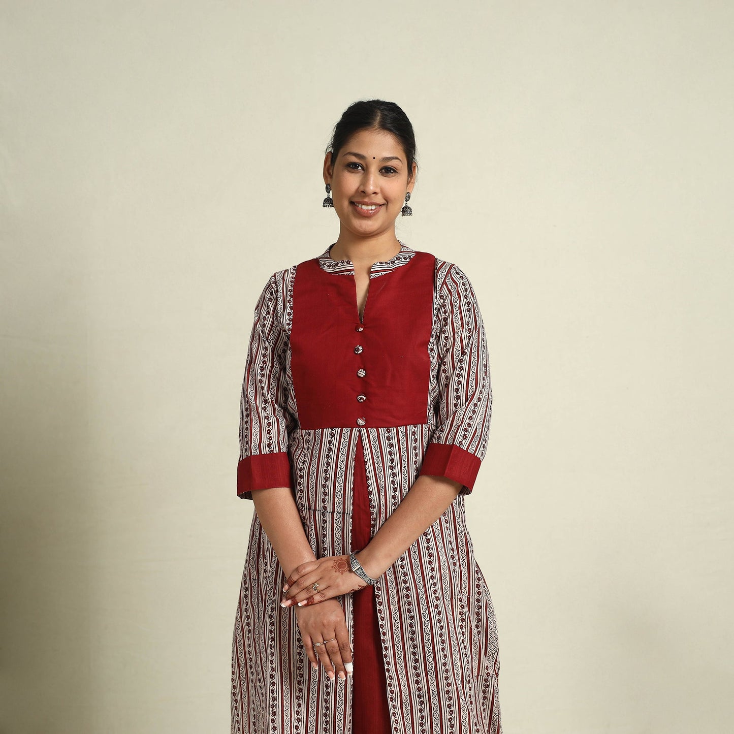  Red Block Print Mul Cotton A-Line Bagh Kurta for Women