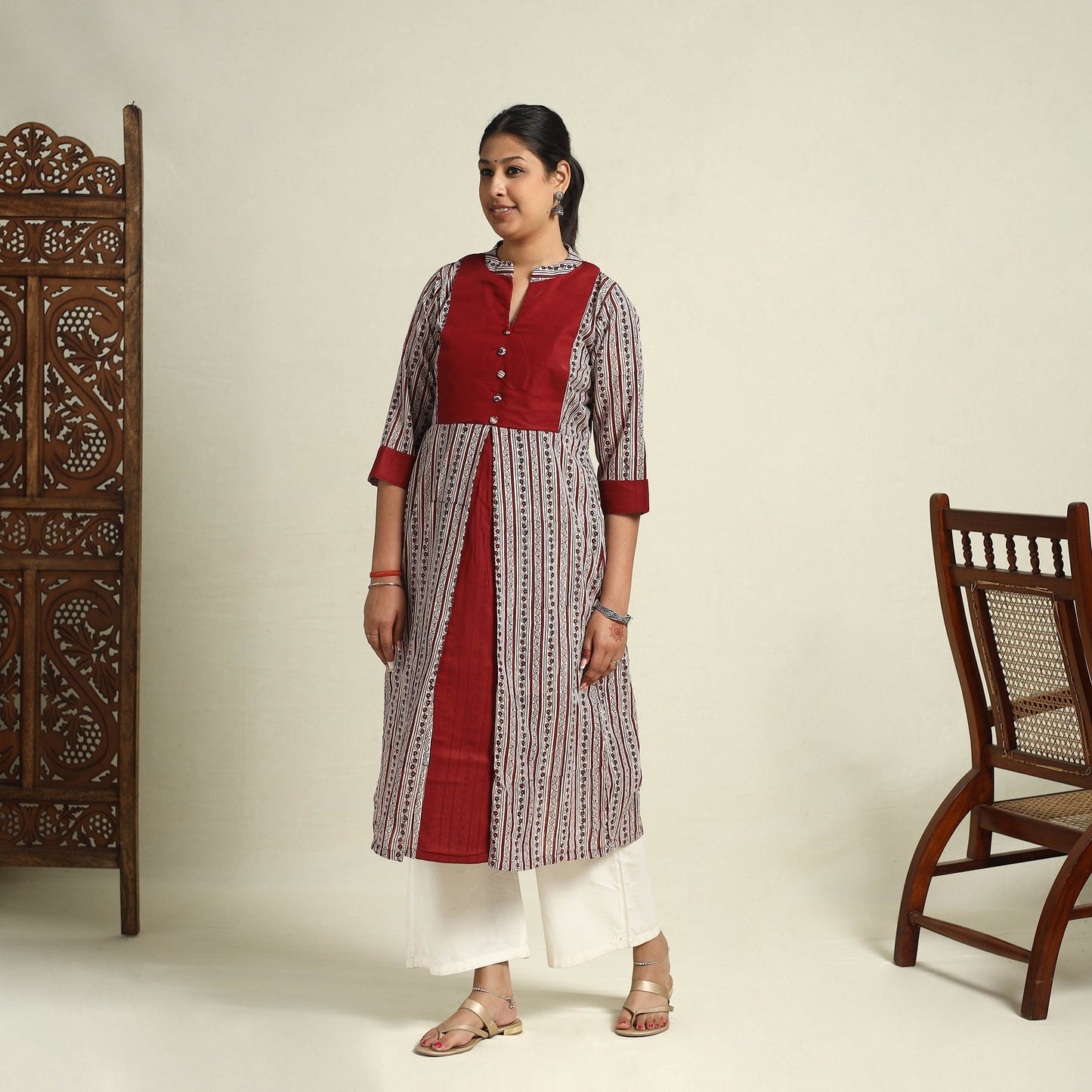 Red Block Print Mul Cotton A-Line Bagh Kurta for Women