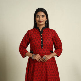  Red Block Print Mul Cotton A-Line Bagh Kurta for Women
