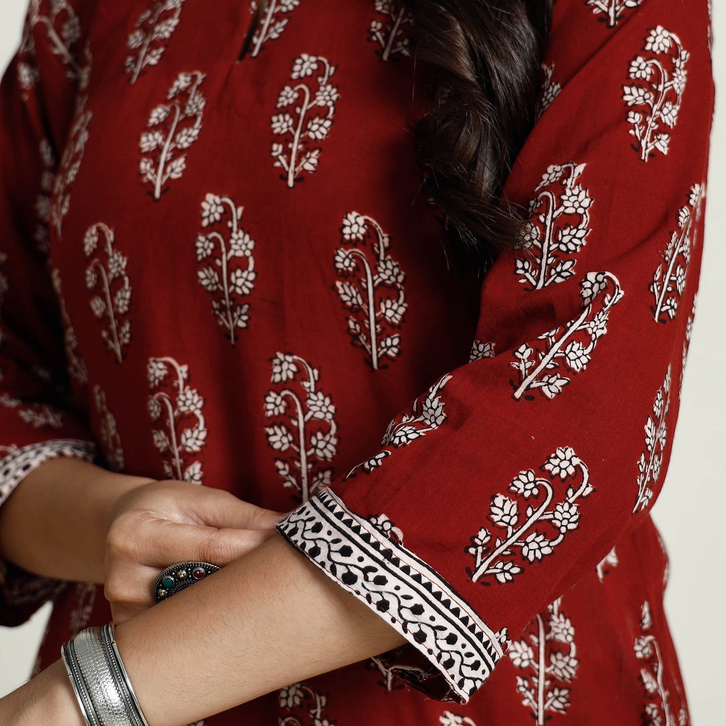 Red Block Print Mul Cotton A-Line Bagh Kurta For Women