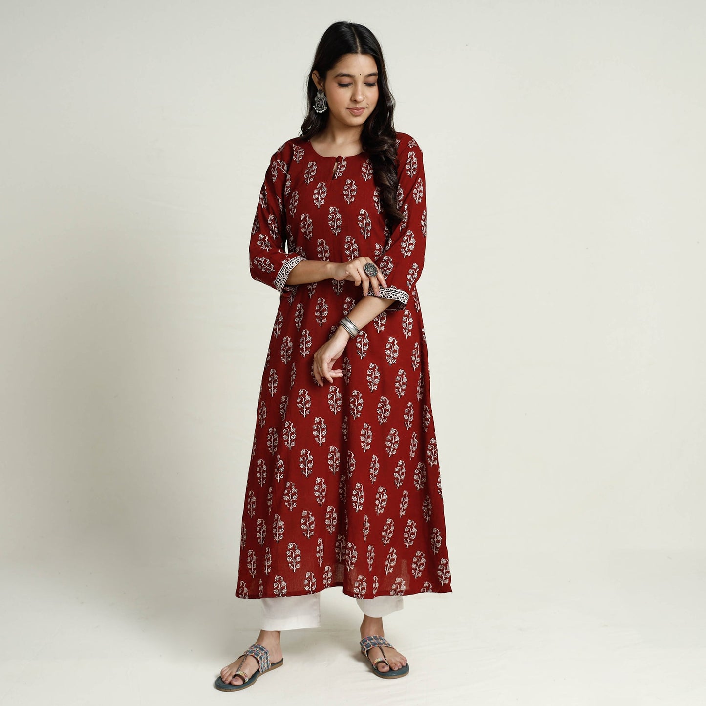 Red Block Print Mul Cotton A-Line Bagh Kurta For Women