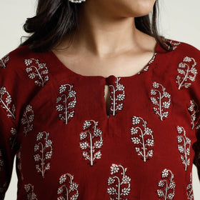 Red Block Print Mul Cotton A-Line Bagh Kurta For Women