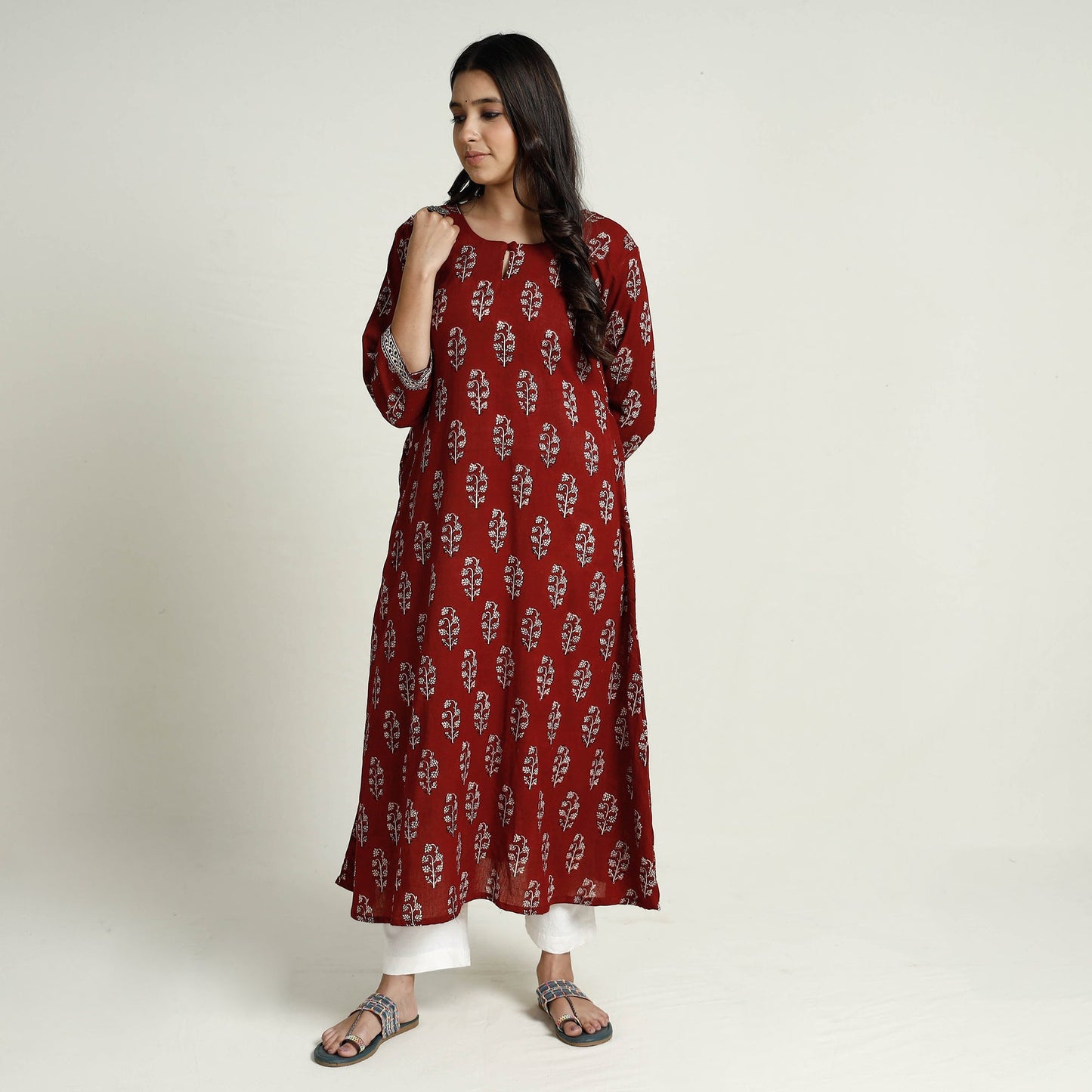 Red Block Print Mul Cotton A-Line Bagh Kurta For Women