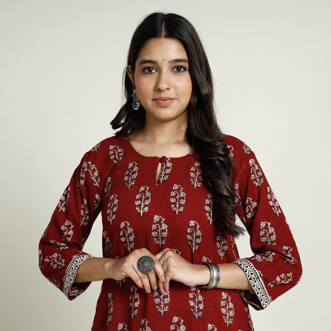 Red Block Print Mul Cotton A-Line Bagh Kurta For Women