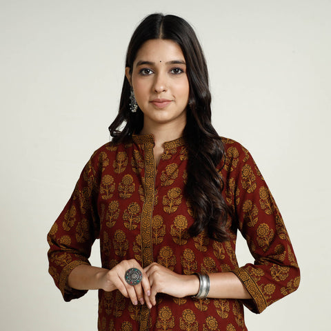Red Block Print Mul Cotton A-Line Bagh Kurta For Women