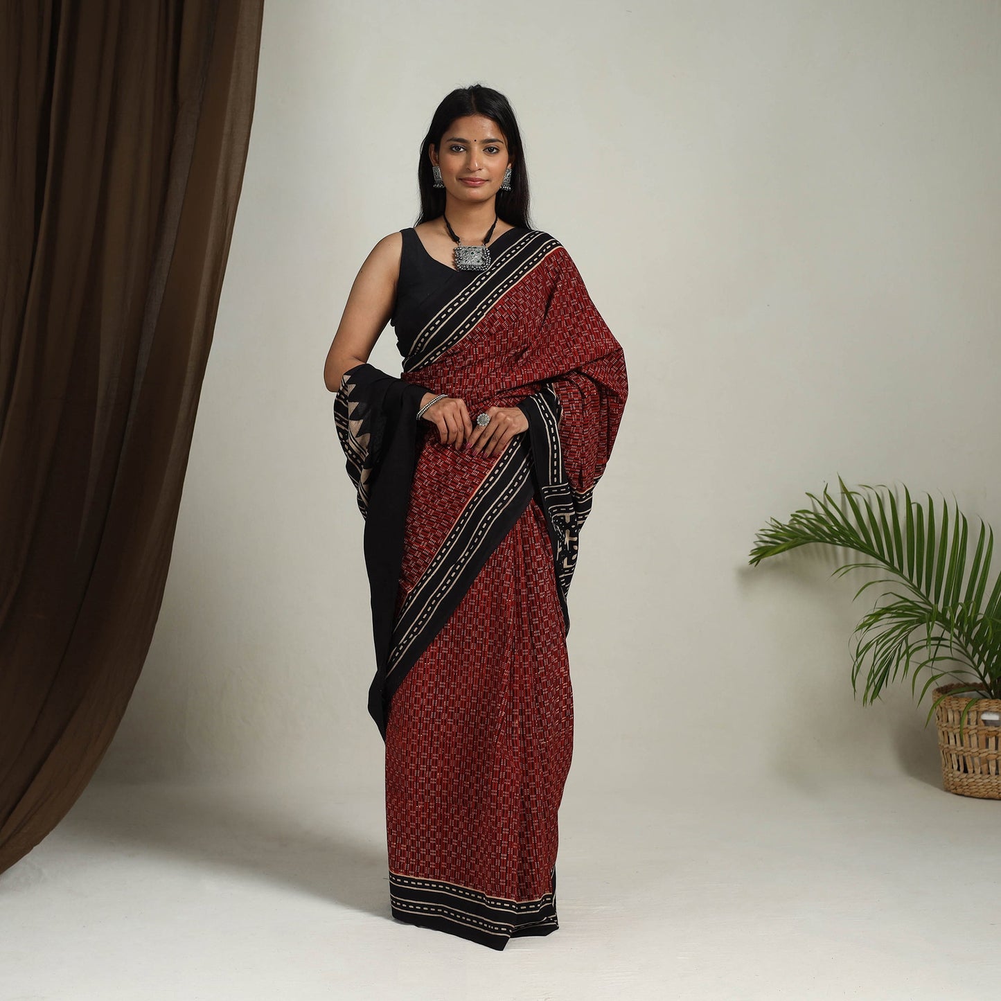 Red - Mul Cotton Block Print Ajrakh Saree 01