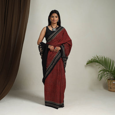 Red - Mul Cotton Block Print Ajrakh Saree 01