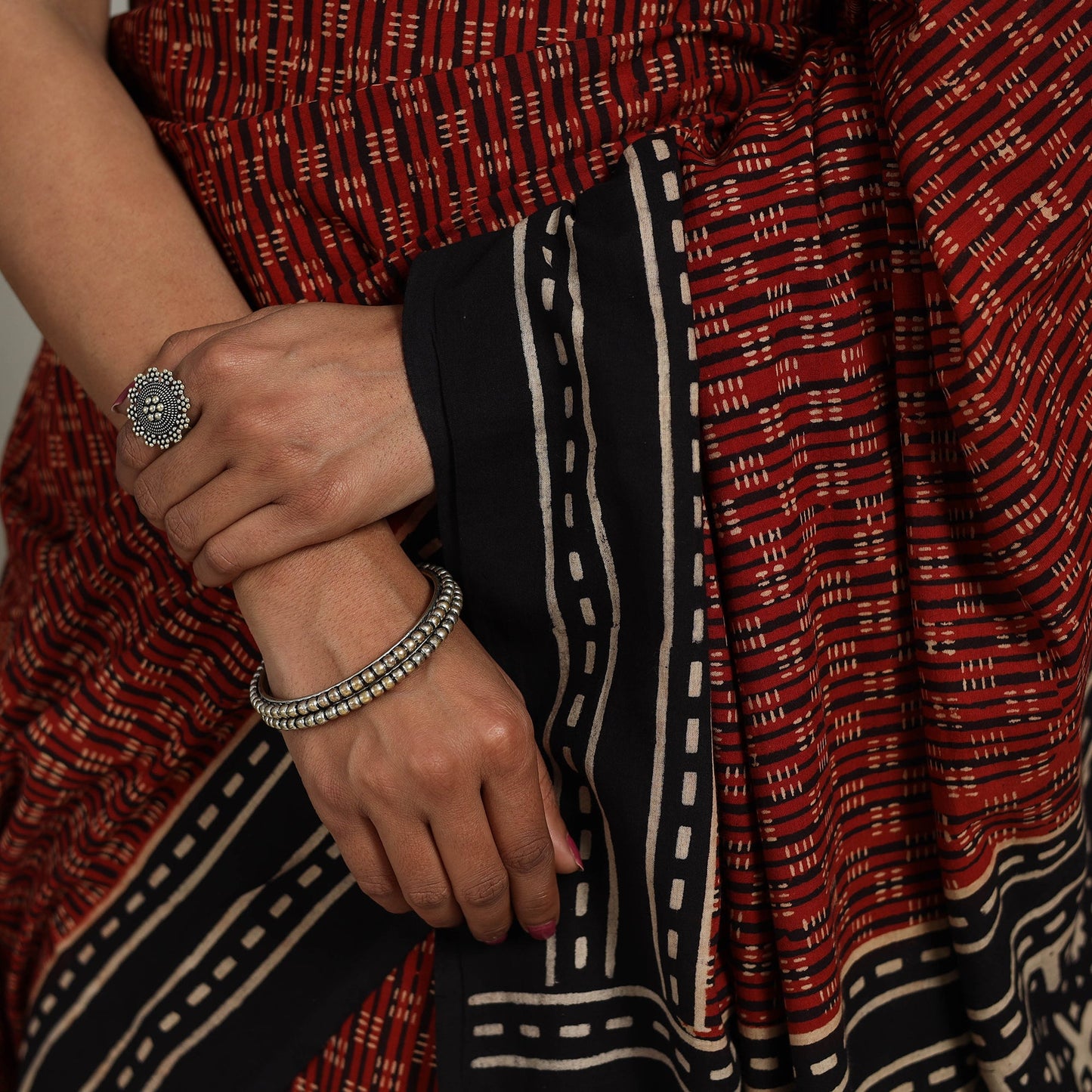 Red - Mul Cotton Block Print Ajrakh Saree 01