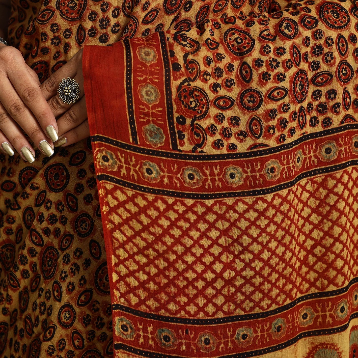  Red Mul Cotton Block Print  Ajrakh Saree