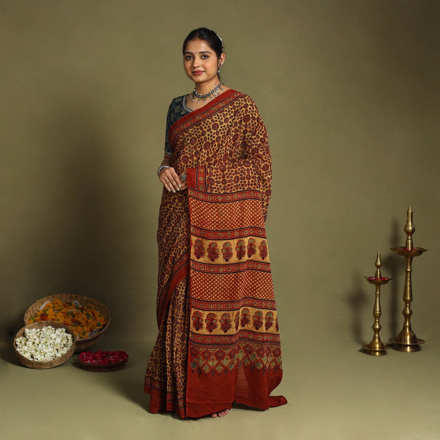  Red Mul Cotton Block Print  Ajrakh Saree