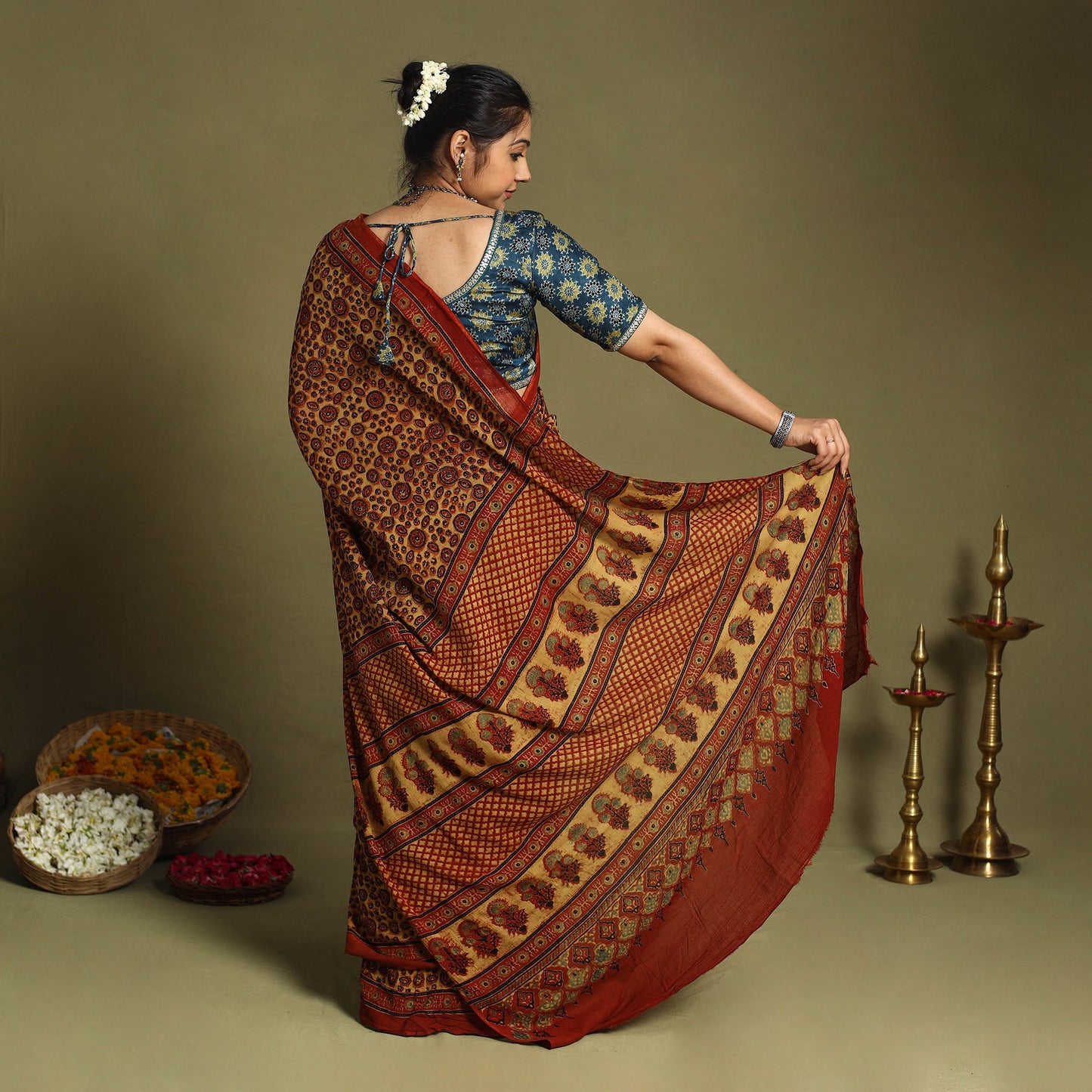  Red Mul Cotton Block Print  Ajrakh Saree