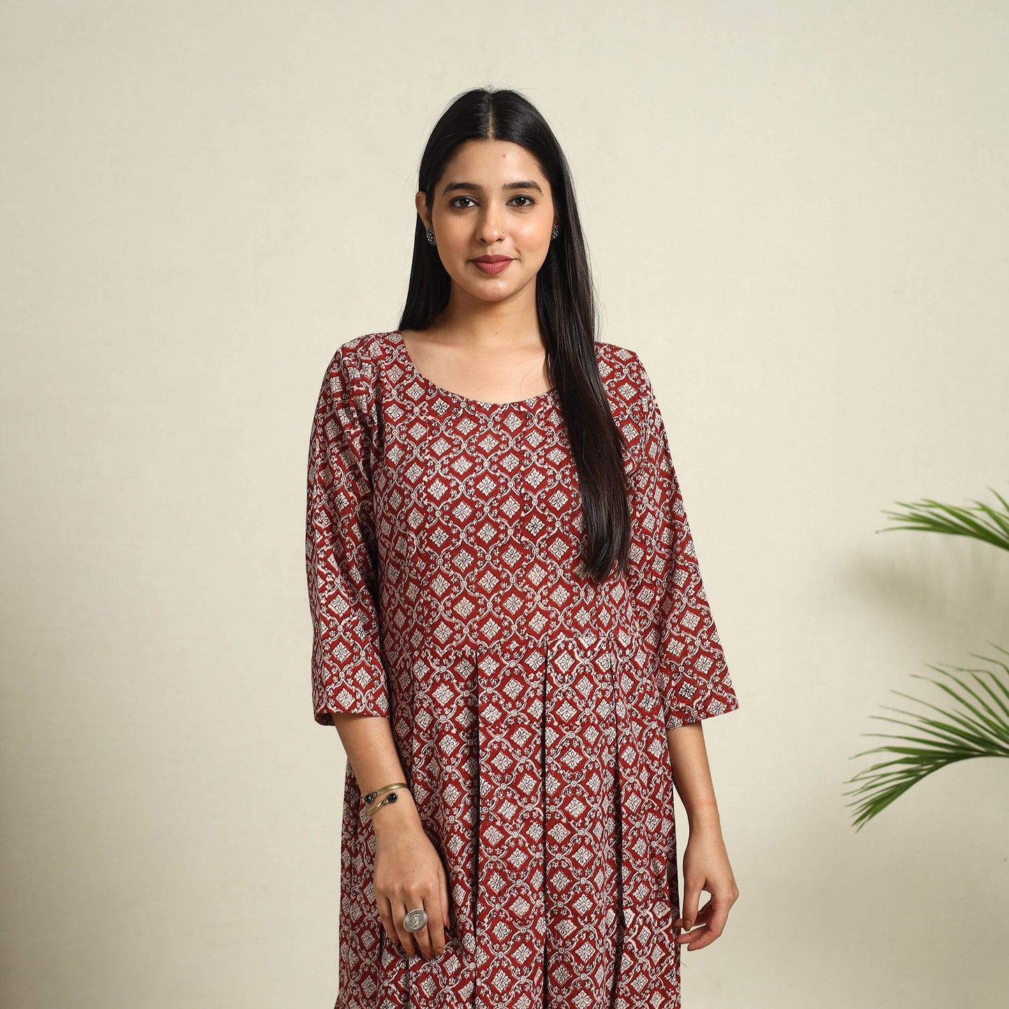  Red Block Print Mul Cotton Short Flared Bagh Dress
