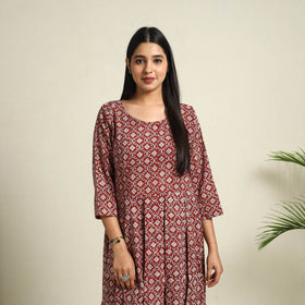  Red Block Print Mul Cotton Short Flared Bagh Dress