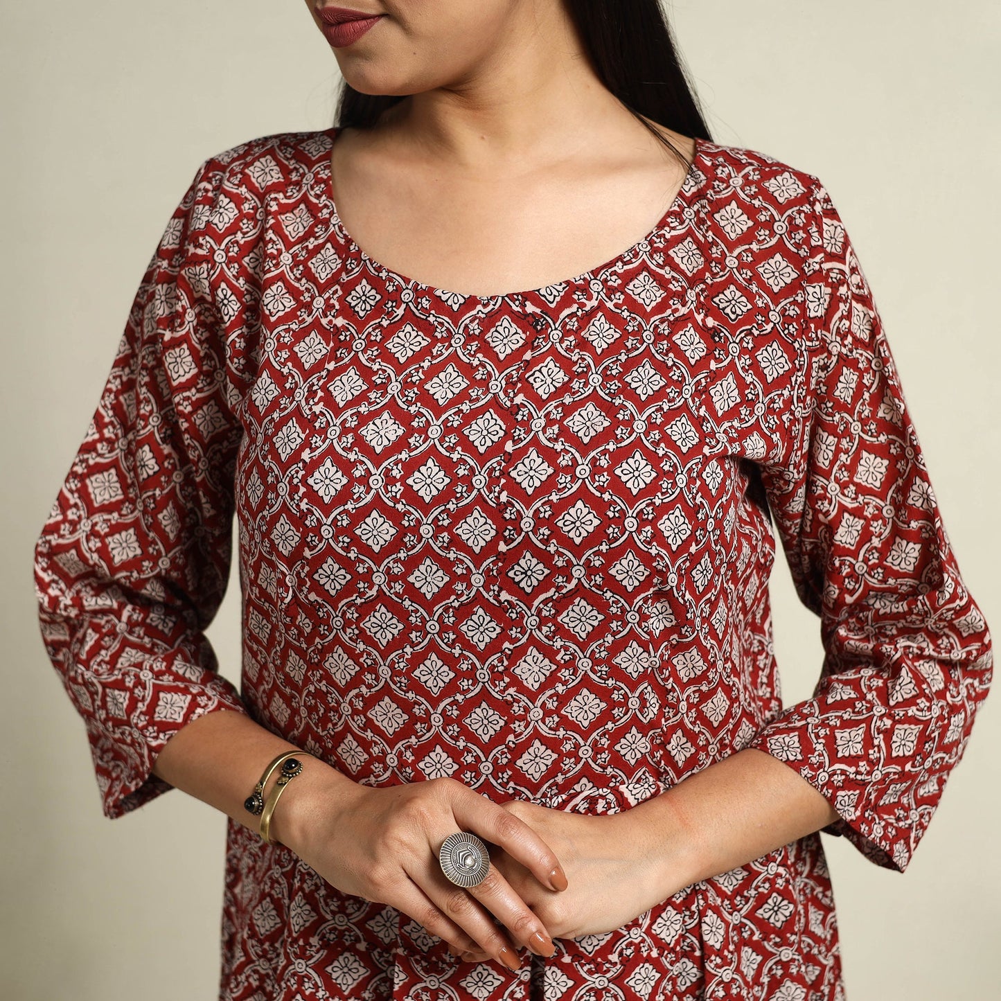  Red Block Print Mul Cotton Short Flared Bagh Dress
