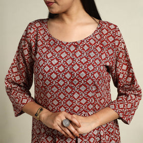  Red Block Print Mul Cotton Short Flared Bagh Dress