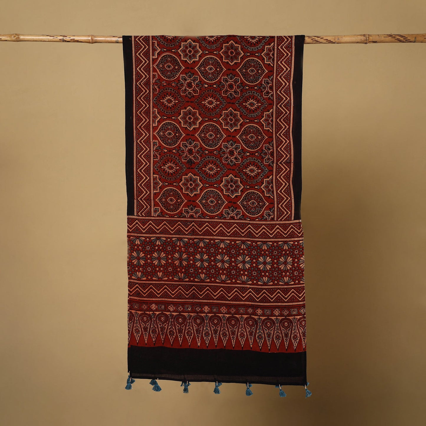  Red Mul Cotton Block Print Ajrakh Stole with Tassels