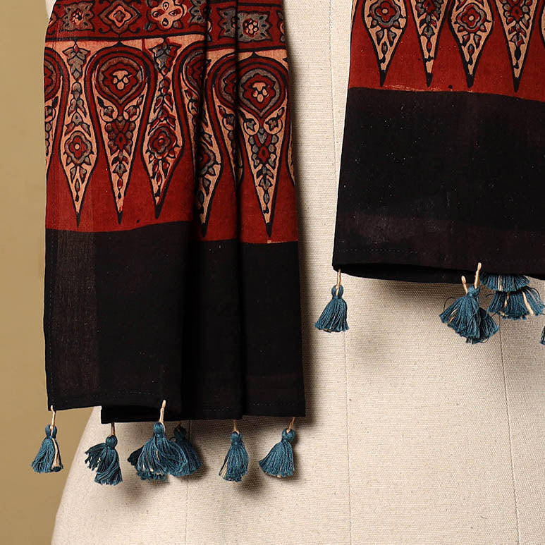  Red Mul Cotton Block Print Ajrakh Stole with Tassels