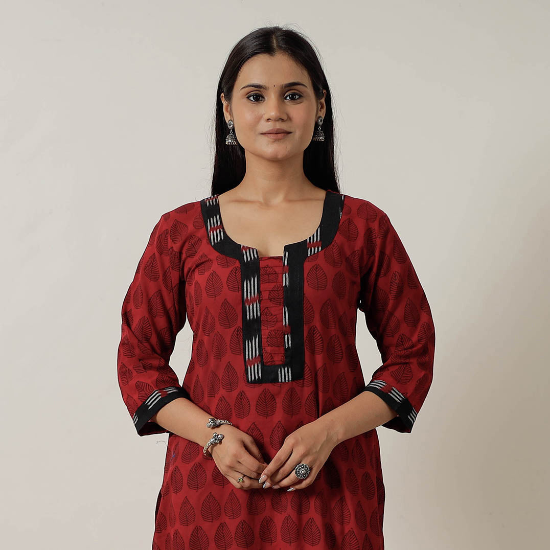 Red Block Print Mul Cotton Straight Bagh Kurta For Women