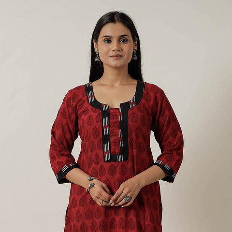Red Block Print Mul Cotton Straight Bagh Kurta For Women
