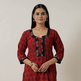 Red Block Print Mul Cotton Straight Bagh Kurta For Women