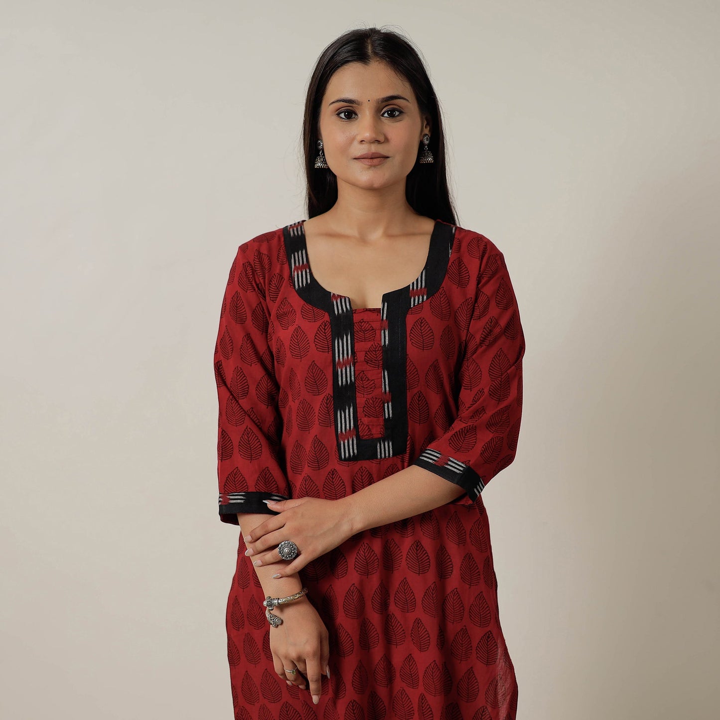 Red Block Print Mul Cotton Straight Bagh Kurta For Women