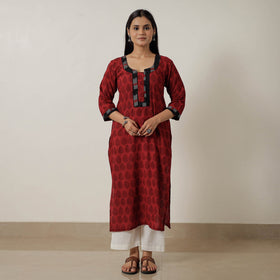 Red Block Print Mul Cotton Straight Bagh Kurta For Women