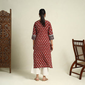  Red  Block Print Mul Cotton Straight Bagh Kurta for Women