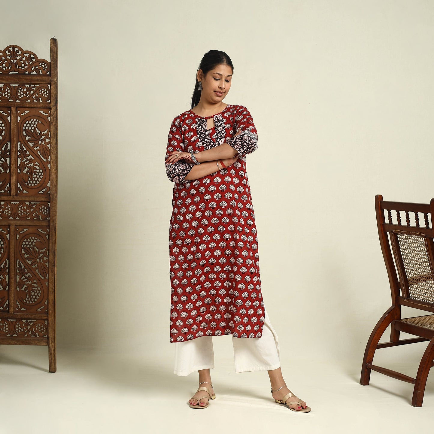  Red  Block Print Mul Cotton Straight Bagh Kurta for Women
