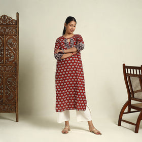  Red  Block Print Mul Cotton Straight Bagh Kurta for Women