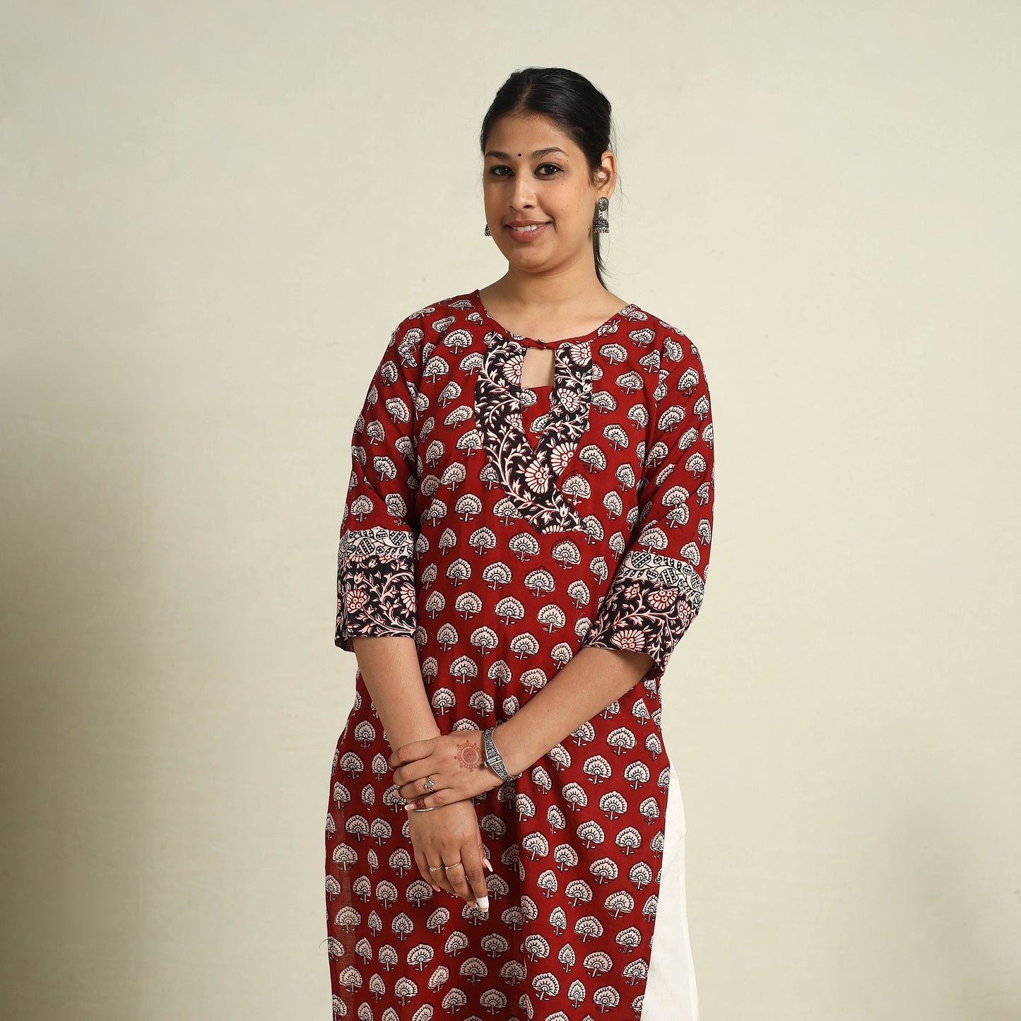  Red  Block Print Mul Cotton Straight Bagh Kurta for Women