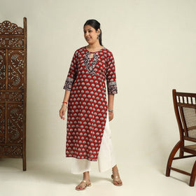  Red  Block Print Mul Cotton Straight Bagh Kurta for Women